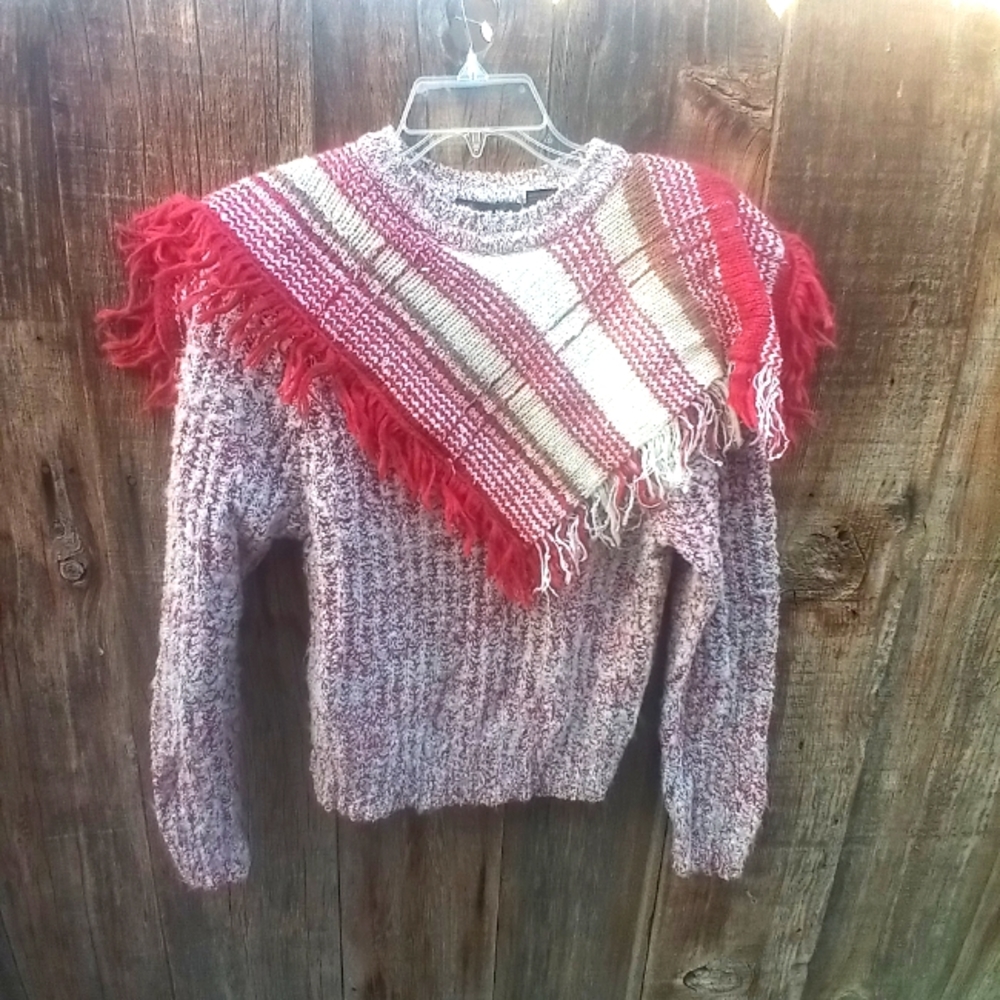 Vintage Cheval Marled Knit Sweater Top M Western style with Scarf Collar Fringe